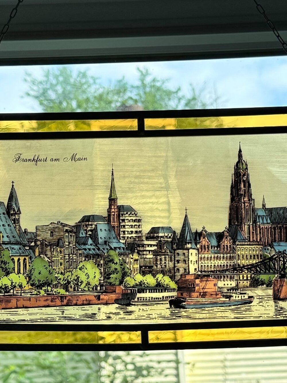 Vintage Frankfurt am Main Germany Stained Glass Window Panel Cathedral Skyline